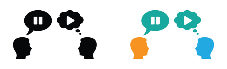 People communicating and sharing ideas with play and pause symbols