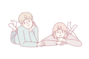 Bored little kids lying on ground feel lazy and unmotivated. Unhappy sad children show boredom and laziness. Childhood lifestyle. Vector illustration.