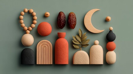 Memphis flat lay Ramadan background, top-down abstract layout, geometric shapes with subtle Islamic icons, smooth pastel palette,