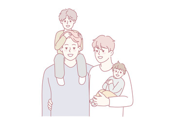 Happy homosexual men with small kids establish family. Smiling gay couple adopting children. LGBTQ parents. Vector illustration.