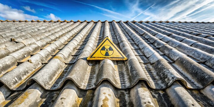 Old asbestos stack on roof with warning sign and safety symbols