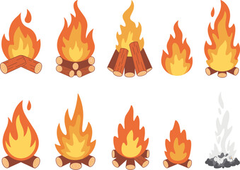 Campfire, flame, smoke, firewood, burning, extinguished, outdoor, survival, heat, ember, cartoon, illustration, teepee, crisscross, ash, smoldering, fire stages, camping, wilderness, design