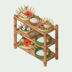 Traditional Balinese offerings displayed on a bamboo shelf arrangement