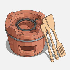 Traditional charcoal stove with wooden cooking utensils, cooking equipment