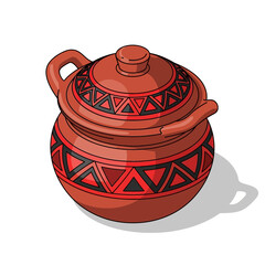 Traditional patterned terracotta pot with lid isolated on white background
