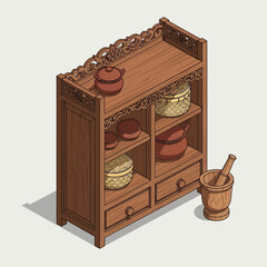 Vintage kitchen cabinet with ornamental carvings and traditional cooking vessels