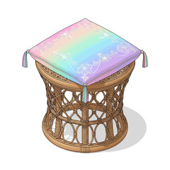 Whimsical Rattan Stool with Pastel Rainbow Cushion and Floral Details