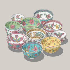 Ornamental array: Exquisite bowls showcase diverse cultural motifs and flora