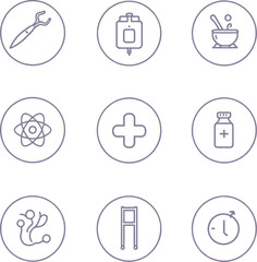 Medical and science icon set in purple line style featuring forceps IV bag atom walker and stopwatch