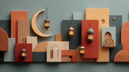 Memphis flat lay Ramadan background, top-down abstract layout, geometric shapes with subtle Islamic icons, smooth pastel palette,