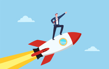Fototapeta premium Successful businessman start up holding flag on rocket flying through sky, Business concept illustration