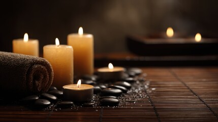 Candles emit a soft glow in a calm space surrounded by smooth stones and a rolled towel creating a serene atmosphere ideal for relaxation and self care.