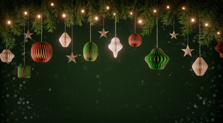 Christmas Holiday Background with Pine Branch Lights and Hanging Paper Ornaments | Xmas Decorative Scene for Cards, Banners and Seasonal Designs