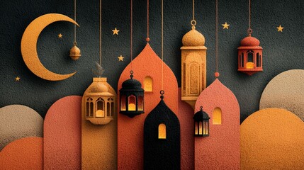 Ramadan kareem background with mosque and half moon with bohemian style