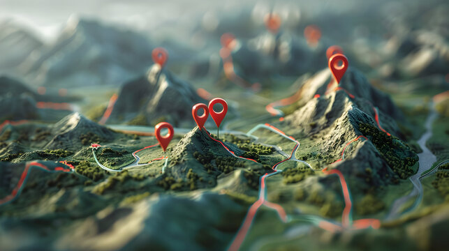 Interactive map visualization with red location pins and winding routes for navigation and travel applications