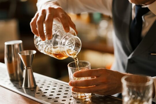 Bartender pouring amber liquid from a bottle into a glass on a bar counter - Powered by Adobe