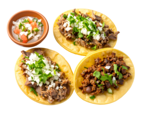 Three tacos filled with seasoned meat, topped with fresh cilantro and onions, accompanied by a small bowl of diced vegetables