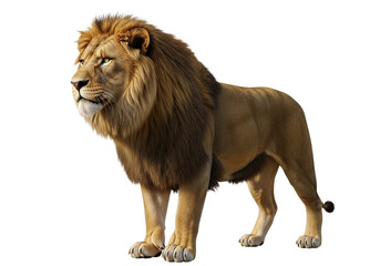 Side view of a Lion walking, looking at the camera, Panthera Leo, 10 years old, isolated on a white transparent background