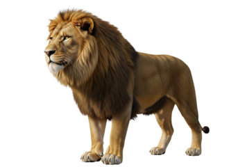 Side view of a Lion walking, looking at the camera, Panthera Leo, 10 years old, isolated on a white transparent background