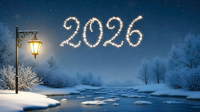 New Year winter landscape with snowy trees, street lamp and frozen pond. The glowing numbers "2026" formed by stars shine in the night sky. Festive atmosphere. - Powered by Adobe
