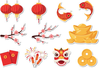 Lunar New Year Decorations Lanterns, Gold, and Red Envelopes
