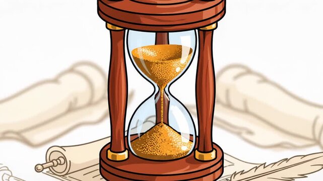 Cartoon hourglass with sand running down, set against historical parchment scroll and feather quill, isolated on white background