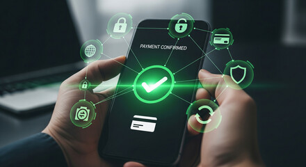 Secure mobile payment confirmed with glowing digital icons and a credit card on screen.