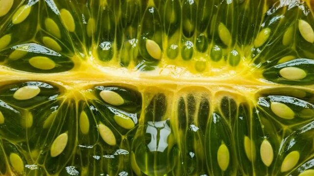Closeup transition of exotic horned melon cut revealing vibrant green seeds