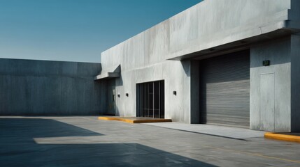 Obraz premium Clean and modern warehouse exterior with gray walls, concrete floor, and industrial garage doors. Minimalism and functional design, perfect for commercial photography. 