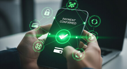 Secure mobile payment confirmed with glowing digital transaction icons on smartphone screen.