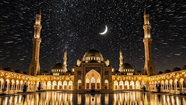 Grand Mosque Illuminated at Dusk With Reflecting Pool and Starry Night Sky