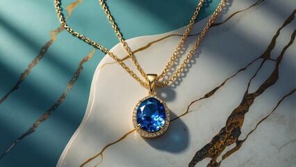 Fototapeta premium Gold Necklace With Blue Gemstone On Marble Surface
