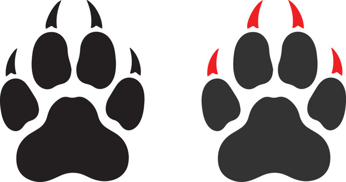 Two distinct animal paw prints one solid black and the other with red claw marks on a white background