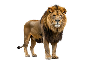 Side view of a Lion walking, looking at the camera, Panthera Leo, 10 years old, isolated on a white transparent background