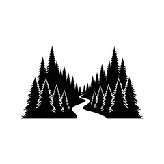 Obraz premium Monochrome woodland scene with winding pathway through a serene evergreen forest