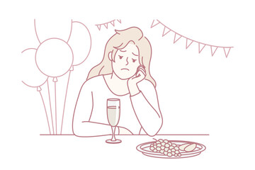 lonely woman at birthday table holding glass, surrounded by balloons and uneaten cake, contemplative mood after awkward party, subdued lighting, muted decorations, introspective pause