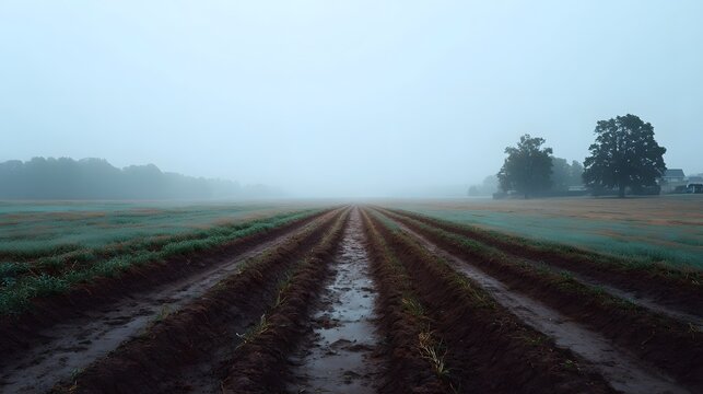 Misty agricultural field with neat rows of tilled soil receding into the soft dawn haze creating a serene and atmospheric landscape