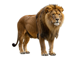 Side view of a Lion walking, looking at the camera, Panthera Leo, 10 years old, isolated on a white transparent background