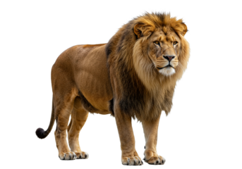 Side view of a Lion walking, looking at the camera, Panthera Leo, 10 years old, isolated on a white transparent background