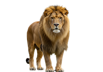 Side view of a Lion walking, looking at the camera, Panthera Leo, 10 years old, isolated on a white transparent background