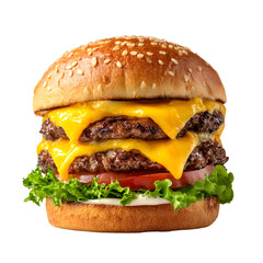 Delicious Juicy Double Cheeseburger with Grilled Bun Isolated on White Background