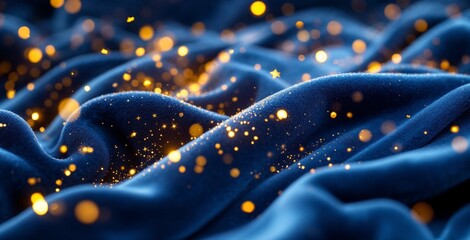 Abstract background of luxurious blue velvet with glowing gold glitter. Magical festive texture with stars and bokeh lights