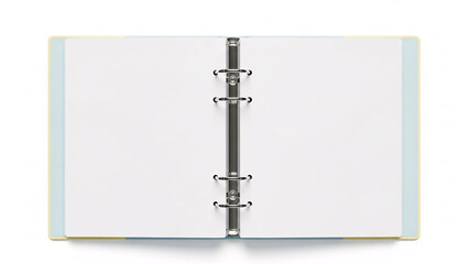 Top-down view of an open ring binder with blank white pages, isolated on a white background.