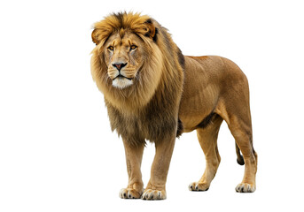 Side view of a Lion walking, looking at the camera, Panthera Leo, 10 years old, isolated on a white transparent background
