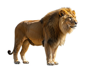 Side view of a Lion walking, looking at the camera, Panthera Leo, 10 years old, isolated on a white transparent background