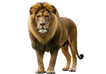 Side view of a Lion walking, looking at the camera, Panthera Leo, 10 years old, isolated on a white transparent background