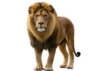 Side view of a Lion walking, looking at the camera, Panthera Leo, 10 years old, isolated on a white transparent background