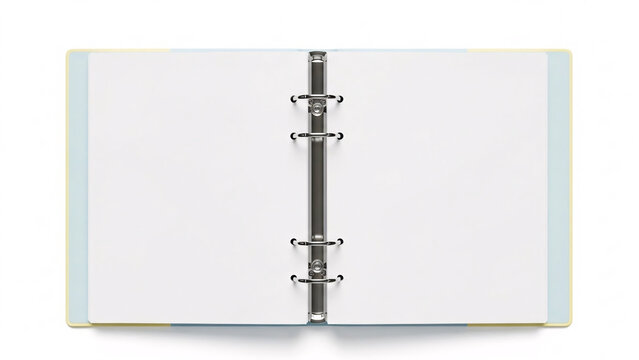 Top-down view of an open ring binder with blank white pages, isolated on a white background.