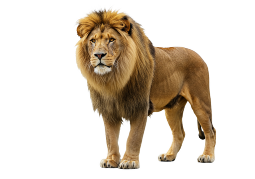 Side view of a Lion walking, looking at the camera, Panthera Leo, 10 years old, isolated on a white transparent background