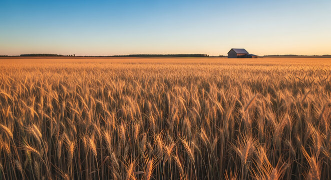 A golden wheat field stretches to the horizon under a clear blue sky with a barn in the distance ai generated